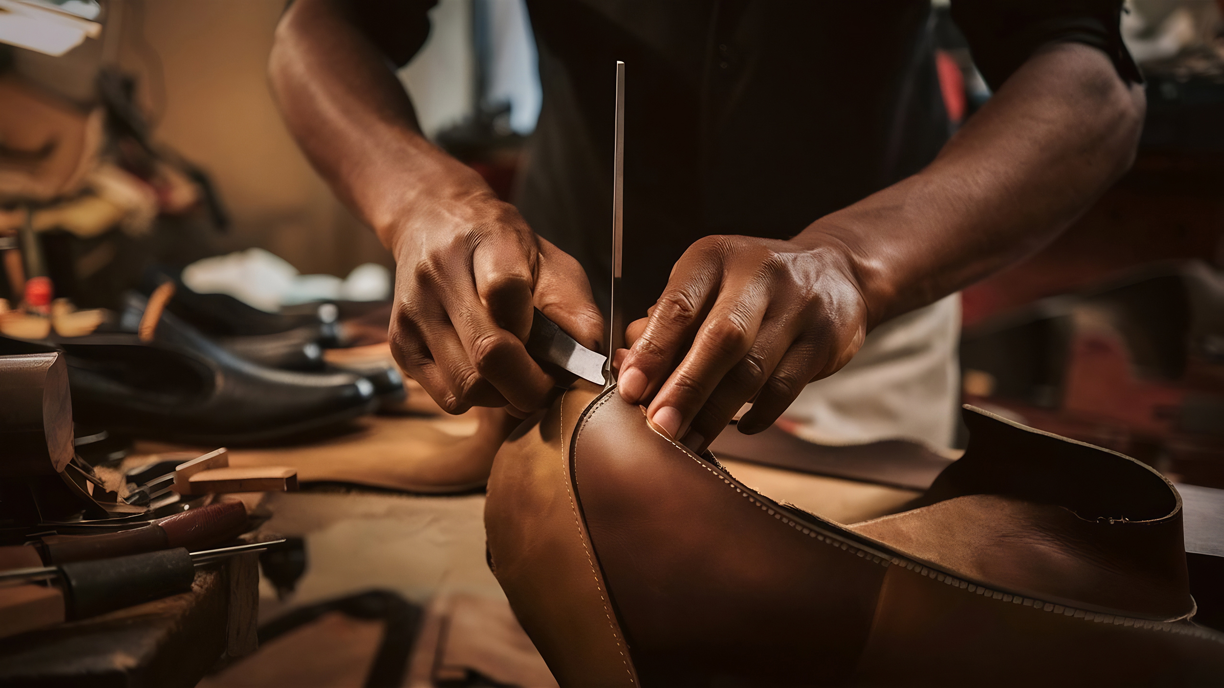 close up shoemaker cutting leather